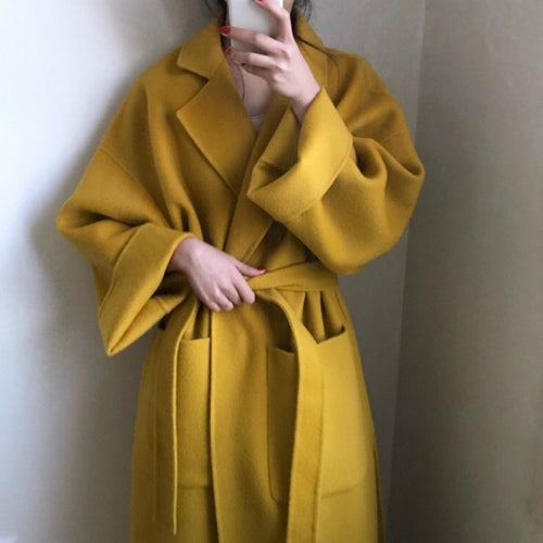 Women yellow Elegant Winter wool Overcoat Long Bandage Woolen Coat Cardigan Loose Plus Size outwear with pocket turn down collar - LiveTrendsX
