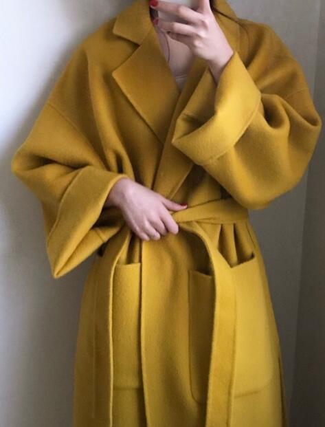Women yellow Elegant Winter wool Overcoat Long Bandage Woolen Coat Cardigan Loose Plus Size outwear with pocket turn down collar - LiveTrendsX