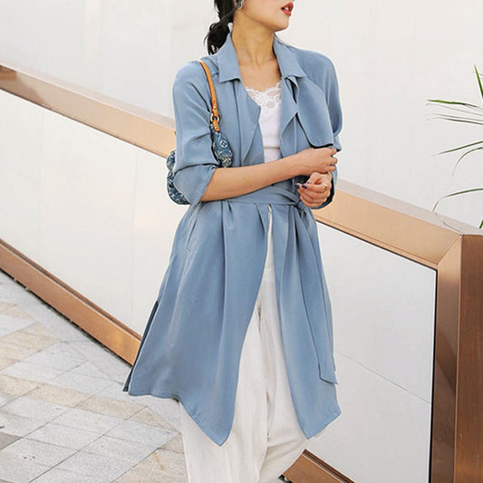 High-end Windcoat Women Trench Coat 100% Heavy Silk Classical Simple Design Dustcoat Sashes 2 Colors Spring - LiveTrendsX