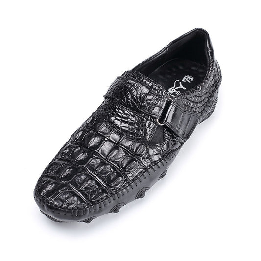 Fancy Genuine Crocodile Skin Soft Rubble Sole Men's Flat Shoes Authentic Exotic Alligator Leather Hook and Loop Male Black Shoes - LiveTrendsX