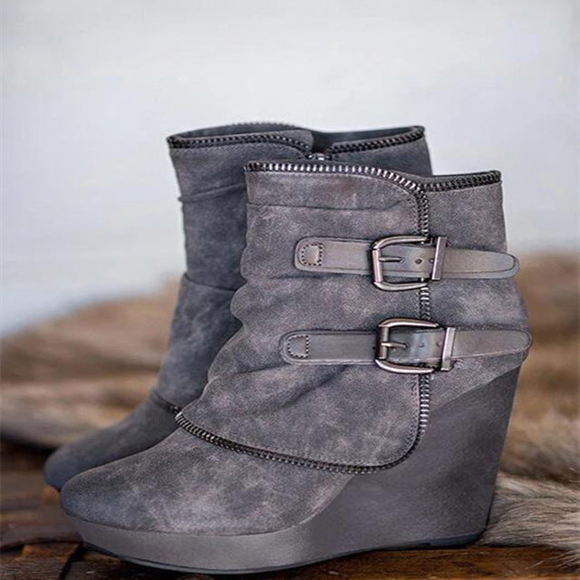 New Women's Fashion Wedges Boots Zip Buclke Winter Warm High Heel - LiveTrendsX