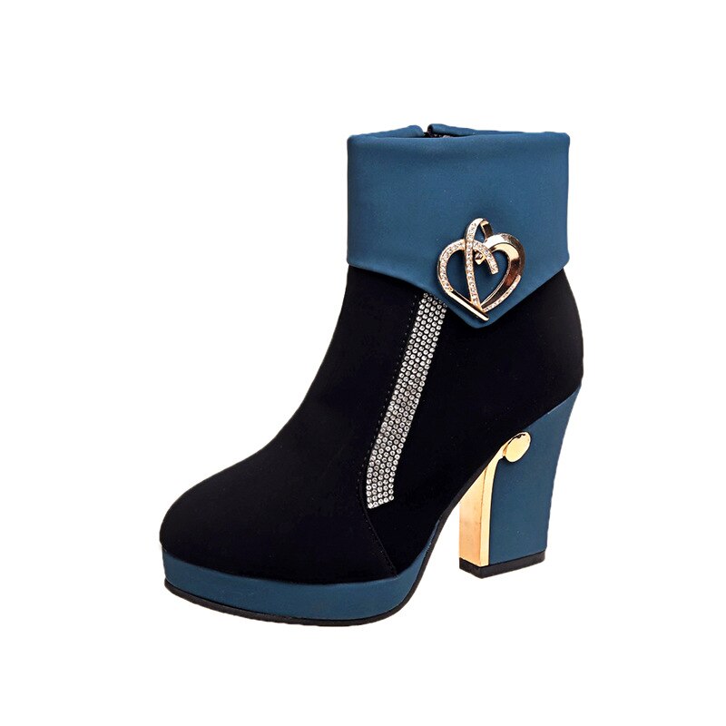 Thick heel color matching side zipper short boots  heel rhinestone frosted water - LiveTrendsX