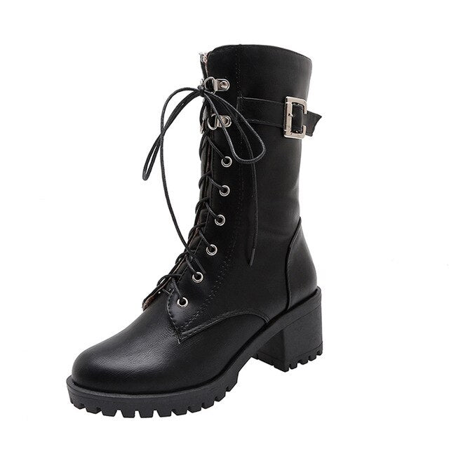 Winter Waterproof Pu Mid Calf Boots Women Fashion Buckle High-top Platform - LiveTrendsX