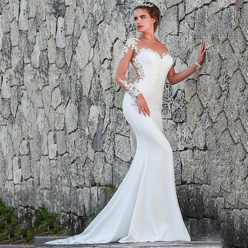 Vintage Mermaid Wedding Dress Scoop-Neck Full Sleeves Wedding Gowns Zipper Back Lace Satin Bride Dress - LiveTrendsX