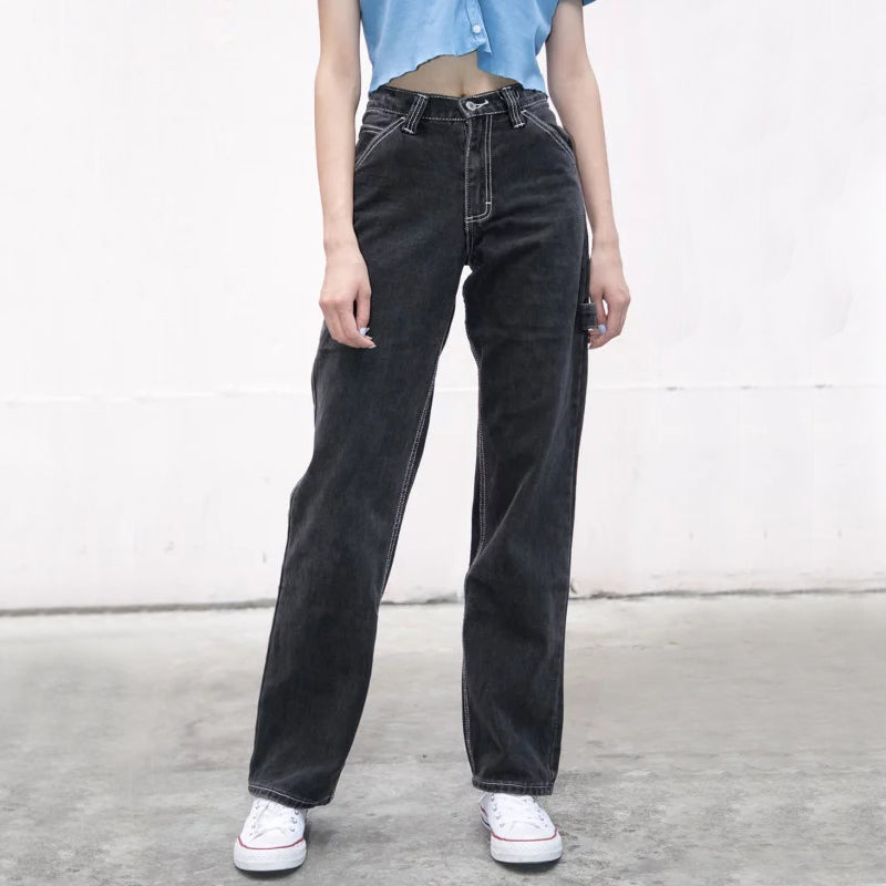 Women High-rise Faded Black Denim Jeans With White Stitching Straight Leg Denim Pants - LiveTrendsX