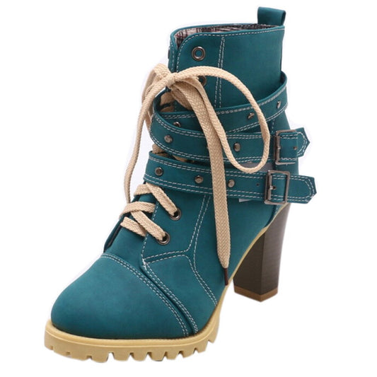 Women Boots Round Toe Belt Buckle Rivet Shoes Women Fashion High Thick - LiveTrendsX