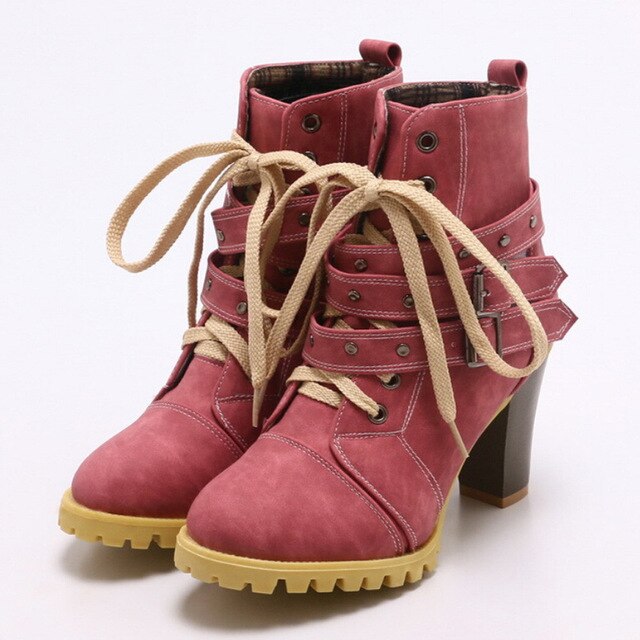 Women Boots Round Toe Belt Buckle Rivet Shoes Women Fashion High Thick - LiveTrendsX
