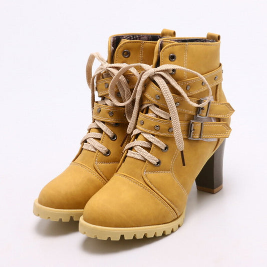 Women Boots Round Toe Belt Buckle Rivet Shoes Women Fashion High Thick - LiveTrendsX
