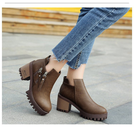 New Women Spring Ankle Boots  High Heel Boots Round Toe Martin Boots - LiveTrendsX