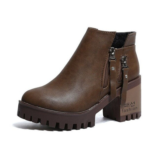 New Women Spring Ankle Boots  High Heel Boots Round Toe Martin Boots - LiveTrendsX