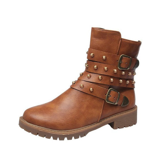 New Woman Ankle Boots Women Pu Leather Buckle Rivet Shoes - LiveTrendsX