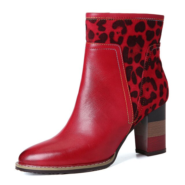 Leopard Boots Botas mujer Pattern Splicing Genuine Leather High Square Heel Zipper Short Boots Elegant Shoes Women Winter - LiveTrendsX