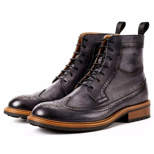 Genuine Leather Round Toe Laces Men's Handmade Brogue Ankle Boots - LiveTrendsX