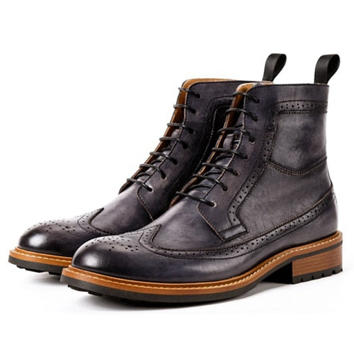Genuine Leather Round Toe Laces Men's Handmade Brogue Ankle Boots - LiveTrendsX