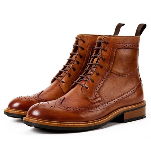 Genuine Leather Round Toe Laces Men's Handmade Brogue Ankle Boots - LiveTrendsX
