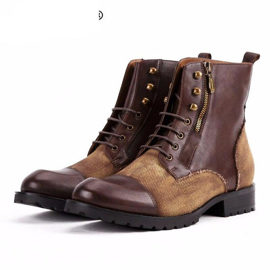 Genuine Leather Man High-Top Riding  Platform Shoes Round Toe Men's Handmade Military Ankle Boots - LiveTrendsX