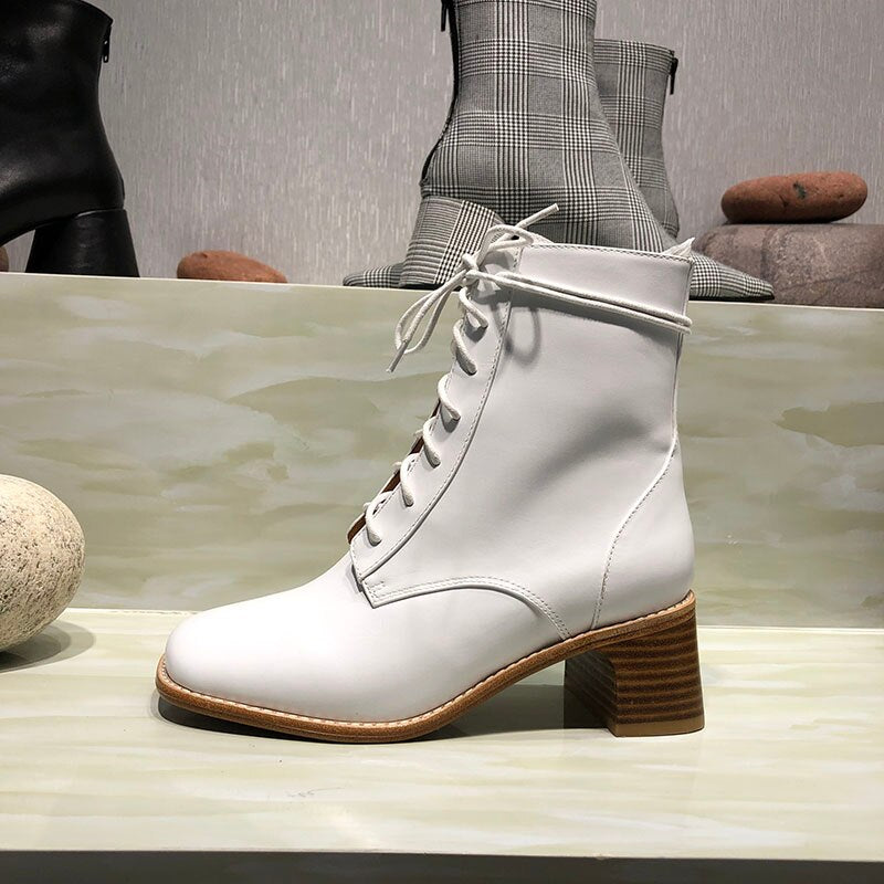New white Martin boots, leather leather, round head, thick heel, high heel boots, autumn and winter strap-on boots - LiveTrendsX