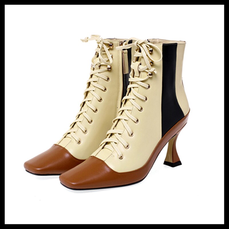 Women boots 2019 new fashion vintage sey square toe ankle shoes genuine leather lace up high heel shoes woman - LiveTrendsX