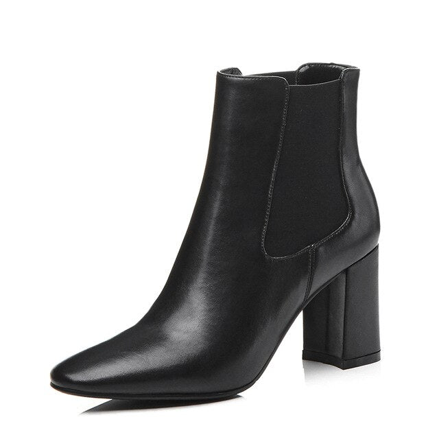 Fashion Genuine Leather Chelsea Boots Women Elastic Ankle Women Boots High Square Heel Ladies Booties Pointed Toe B151 - LiveTrendsX