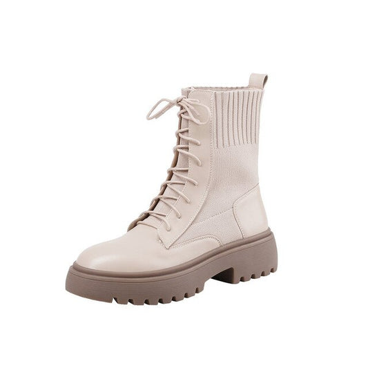 Patchwork Cow Leather Knitting Casual Ankle Boots Lace Up Square Heel Platform Autumn Winter Women Shoes Size 34-39 - LiveTrendsX