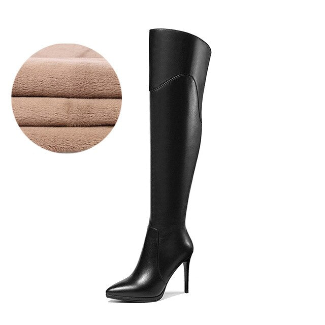 Genuine leather over the knee boots high heel 10cm short plush winter fashion simple zipper pointed toe women's shoes new - LiveTrendsX