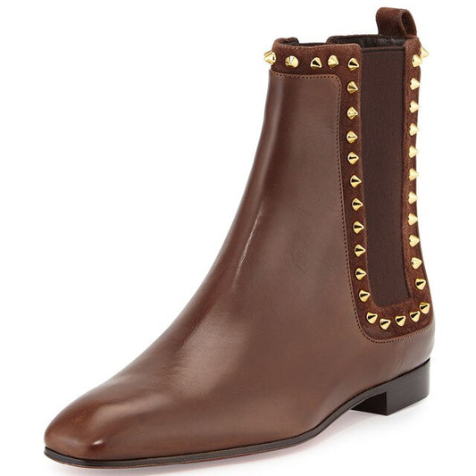 Women Brown Snow Winter Rivets Square Toe Low Heels Ankle Boots Genuine Cow Leather Party&evening&outdoor Large Size 46 Slip-On - LiveTrendsX