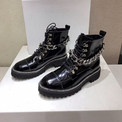 Women Black Genuine Leather Boots Female Motorcycle Boots punk Rivets Chain Shoes Women Winter Ankle Boots Size 35-41 - LiveTrendsX