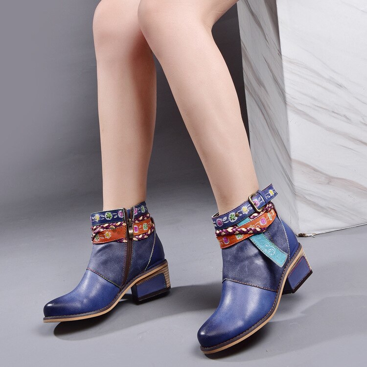 Women Ankle Boots Blue Leather Retro High Heels Autumn Shoes Handmade Women Genuine Leather Martin Boots Riding Shoes Plus Size - LiveTrendsX