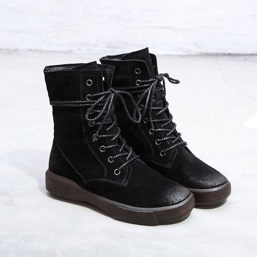Women Boots Winter Warm Shoes Genuine Leather Black Ankle Boots Flat Heel Women Lace Up Casual Martin Boots Size43 Leather Shoe - LiveTrendsX