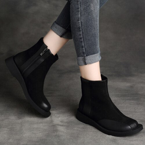 Women Ankle Boots Genuine Leather Black Winter Shoes Women Low Heel Boots Women Chelsea Boot Handmade Leather Martin Boots Brand - LiveTrendsX