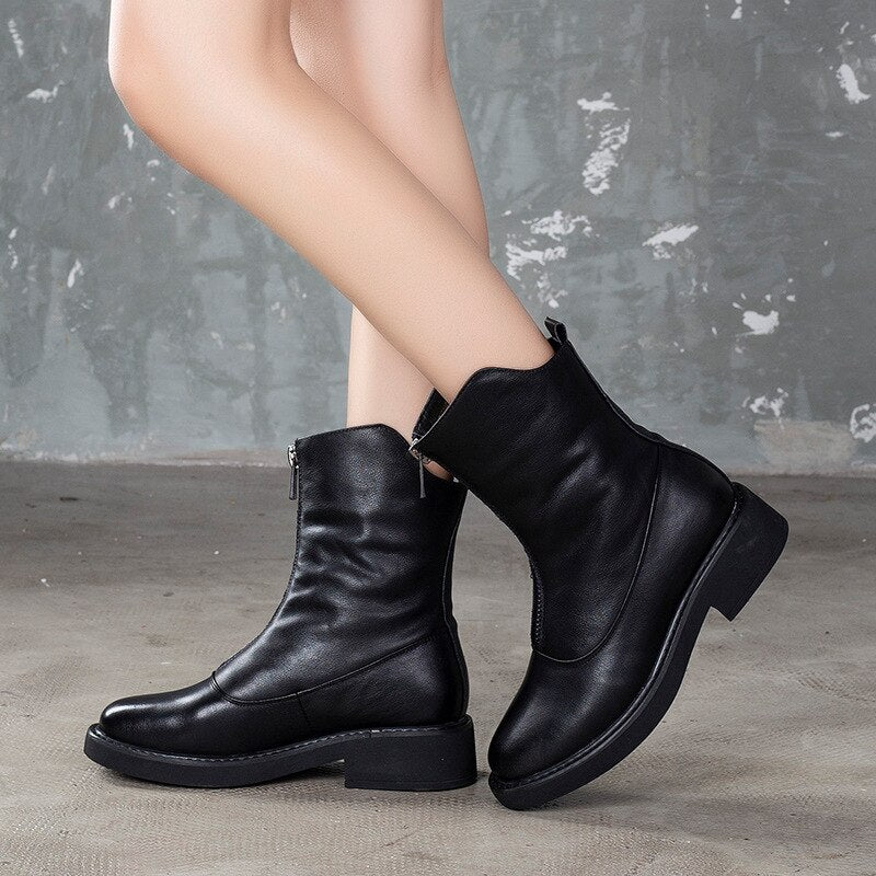 Women Martin Boots Leather Black Winter Shoes 2019 Warm Ankle Boots Women Handmade Genuine Leather Casual Shoes Women Sale - LiveTrendsX