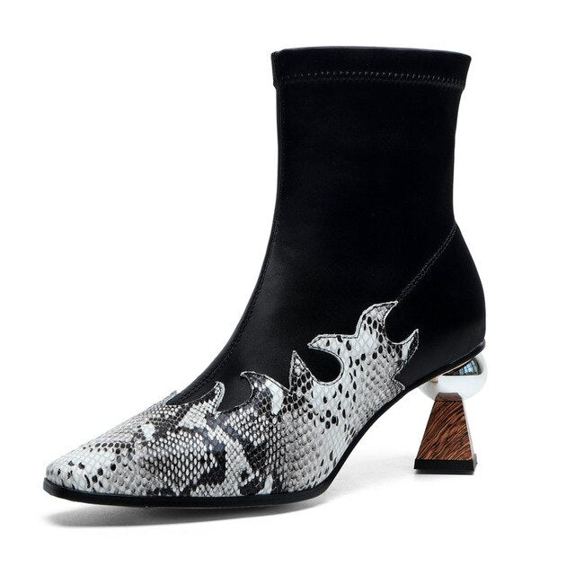 Cow Leather Satin Women Ankle Boots Square Toe Strange Style High Heel Snake Prints Ladies Winter Shoes - LiveTrendsX