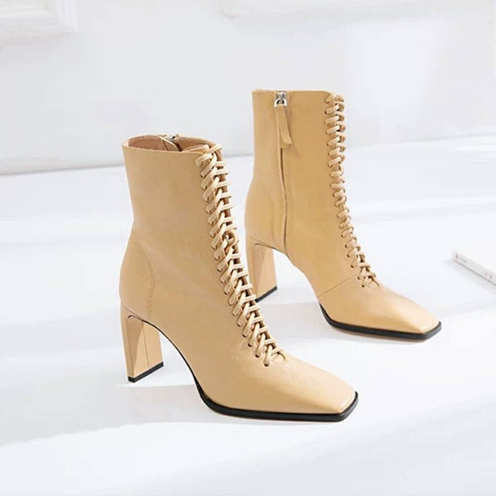 New Design Ankle Boots For Women Pointed Toe Lace Up Genuine Leather - LiveTrendsX
