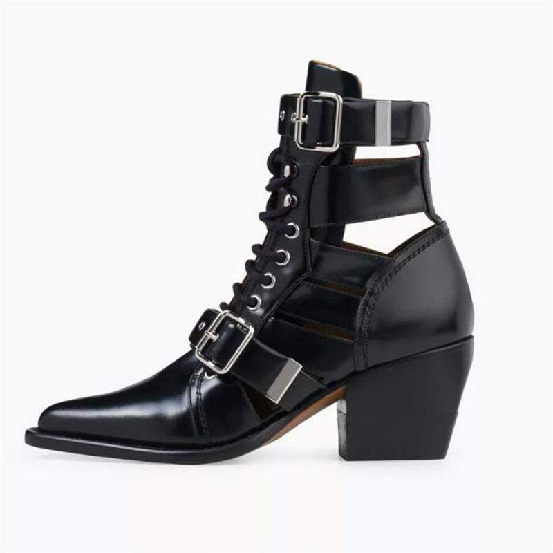 Street Style Women Buckle Ankle Boots Lace-up Shoes Med Heel - LiveTrendsX