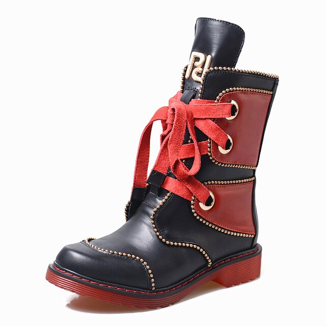 Woman Boots with Rivet Lace-up Martin Boots Thick Low Heel - LiveTrendsX
