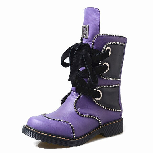 Woman Boots with Rivet Lace-up Martin Boots Thick Low Heel - LiveTrendsX