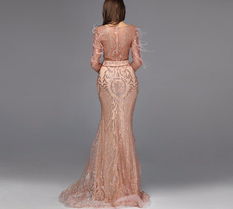 Rose Gold Feathers Long Sleeves Evening Dresses 2020 Dubai Luxury Mermaid Sparkle Evening Gowns - LiveTrendsX
