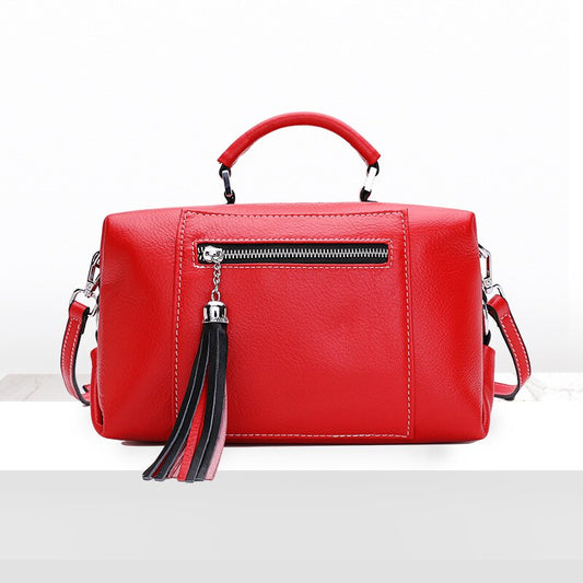 Women's new top layer cowhide large capacity Boston bag European and American style cross section tassel zipper portable Messeng - LiveTrendsX