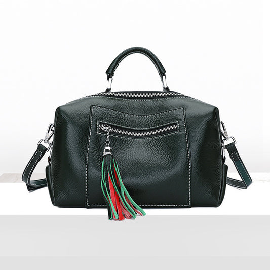 Women's new top layer cowhide large capacity Boston bag European and American style cross section tassel zipper portable Messeng - LiveTrendsX