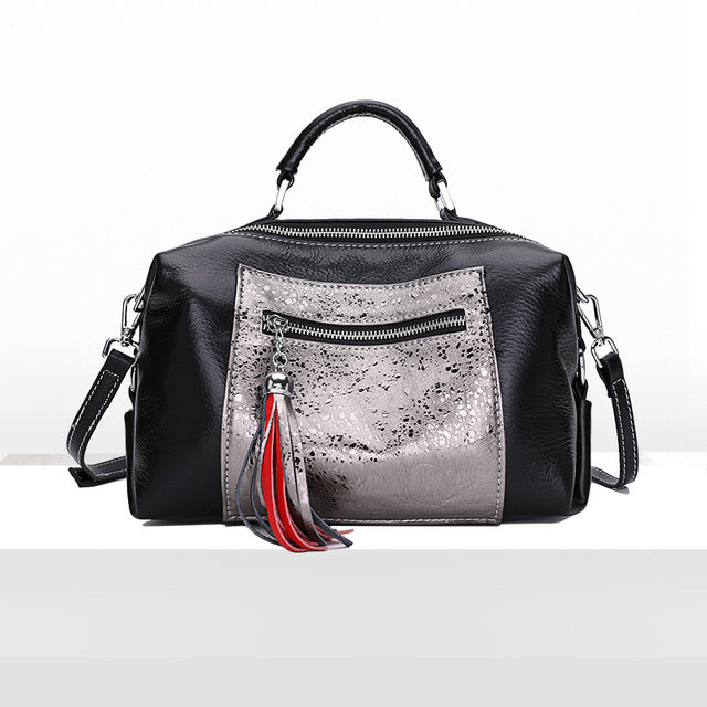 Women's new top layer cowhide large capacity Boston bag European and American style cross section tassel zipper portable Messeng - LiveTrendsX