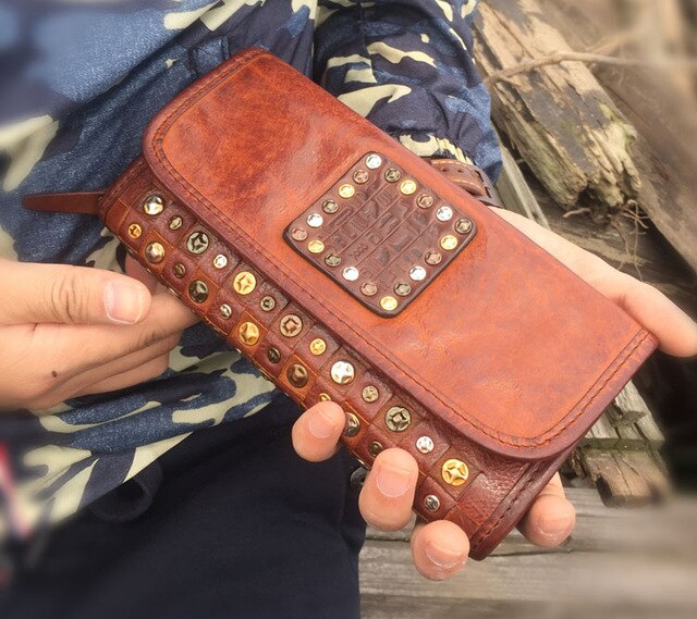Genuine leather cow skin rivet long purse handmade for women - LiveTrendsX