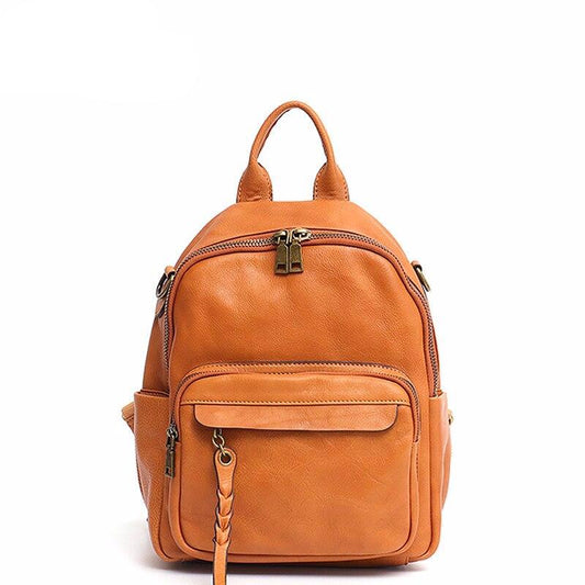 Italian Cow Leather Backpack For Women Front Zip Pcokets Design Lady Functional knapsack School Bag Belt Vintage Shoulder Bag - LiveTrendsX