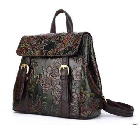 Geometrical vintage hand-rubbed Women backpack in-hand Embossed zipper leather flowers female backpacks ladies shoulder bag - LiveTrendsX
