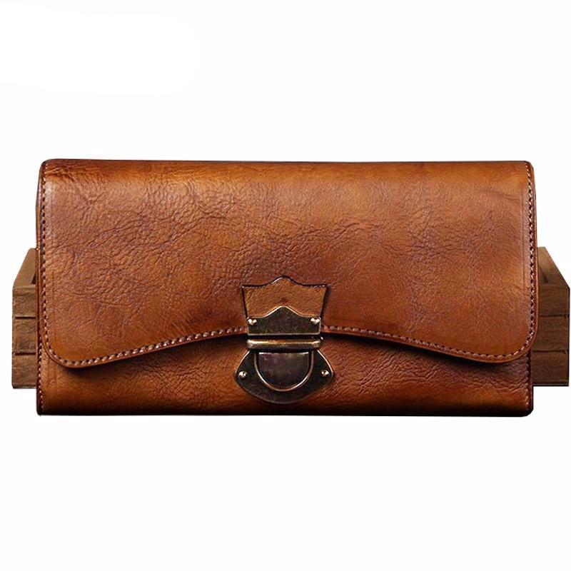 Women's handmade wallet female genuine leather card holder long wallet ladies retro zipper Clutch Bag coin purses Buckle wallets - LiveTrendsX