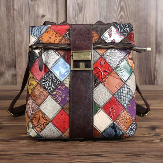 Genuine Leather Backpack Women Vintage Patchwork Small Backpacks Shoulder Bag School Bags Zip Daypack For Grils Female - LiveTrendsX