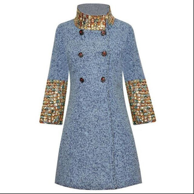 Women Stand Up Collar 3/4 Sleeve Heavy Diamond Short Woolen Coat Elegant Autumn And Winter Outwear New - LiveTrendsX