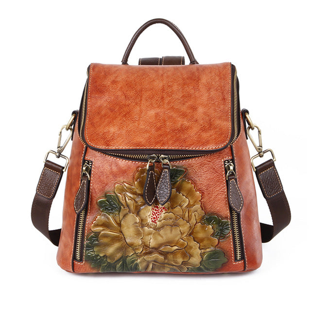 Women Backpack Genuine Leather Flower Pattern Real Cowhide Rucksack Female 3 Use Vintage Shoulder Bag Daypack Travel Knapsack - LiveTrendsX