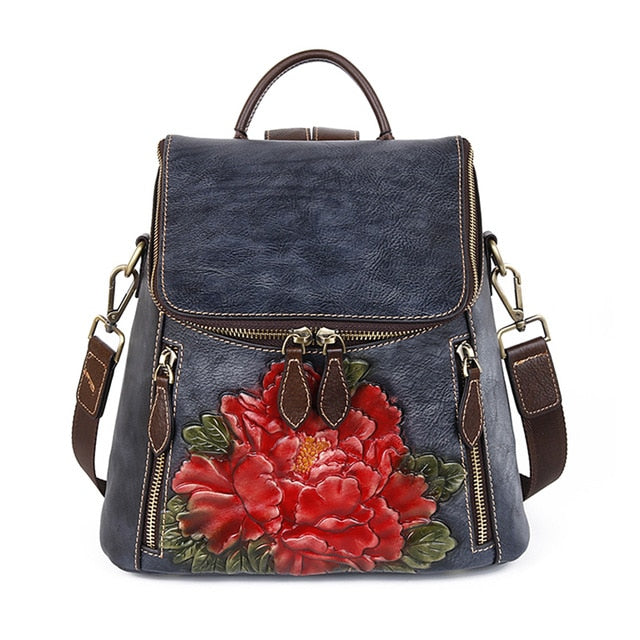 Women Backpack Genuine Leather Flower Pattern Real Cowhide Rucksack Female 3 Use Vintage Shoulder Bag Daypack Travel Knapsack - LiveTrendsX