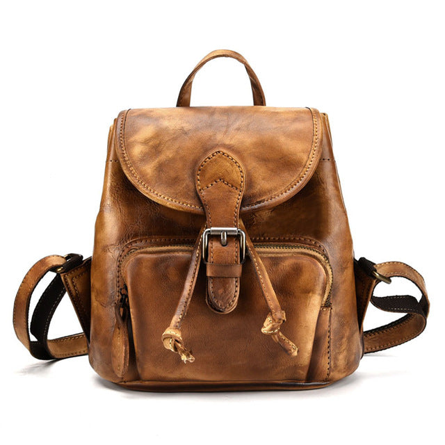 BJYL New retro first layer leather backpack casual backpack female hand-brushed leather tree high leather bag - LiveTrendsX