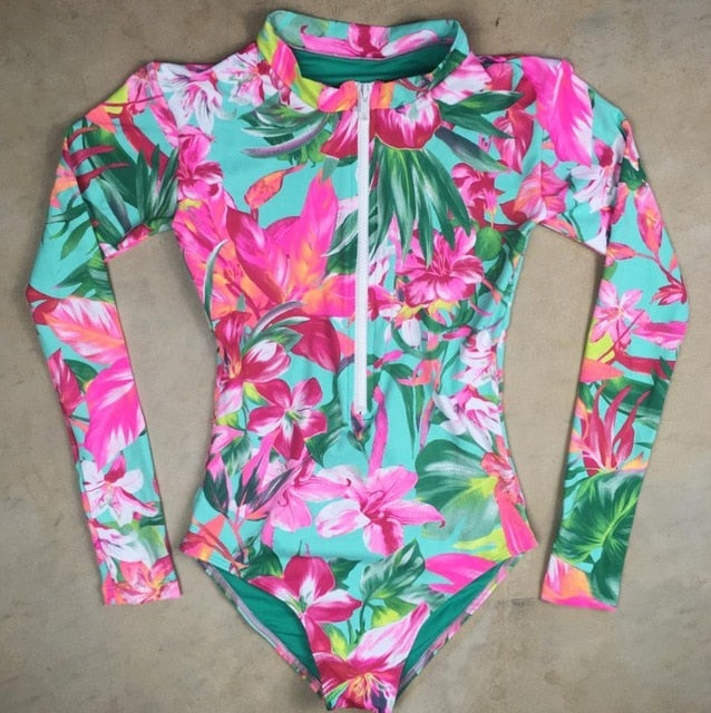Long Sleeves Women One Piece Swimsuit Floral Swimwear Tropical Printed Monokini Backless Flamingo Bathing Suit Bodysuit Bain - LiveTrendsX
